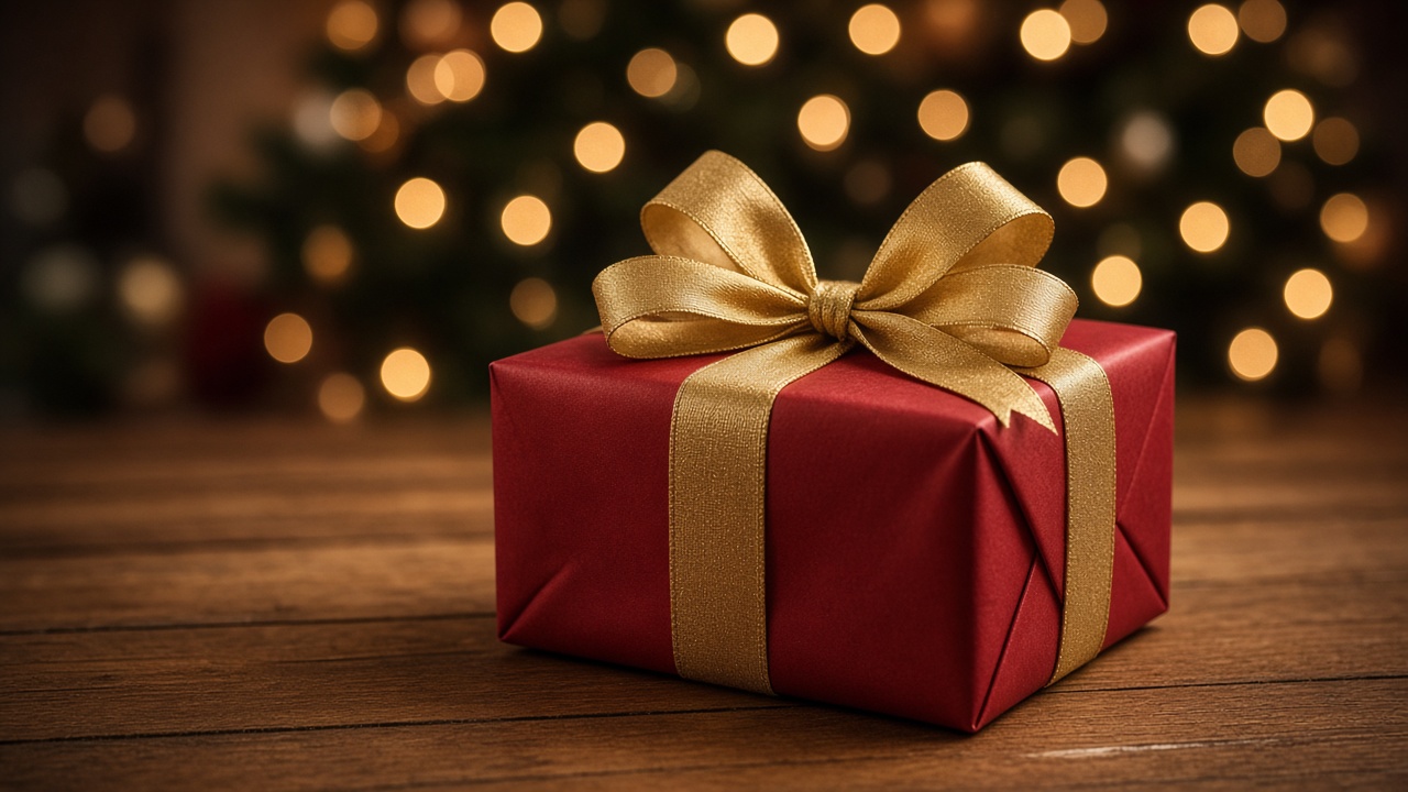 A wrapped Christmas present with a gold bow