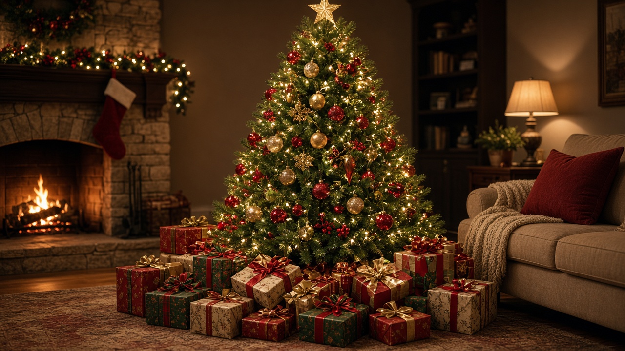 A Christmas tree with wrapped presents underneath