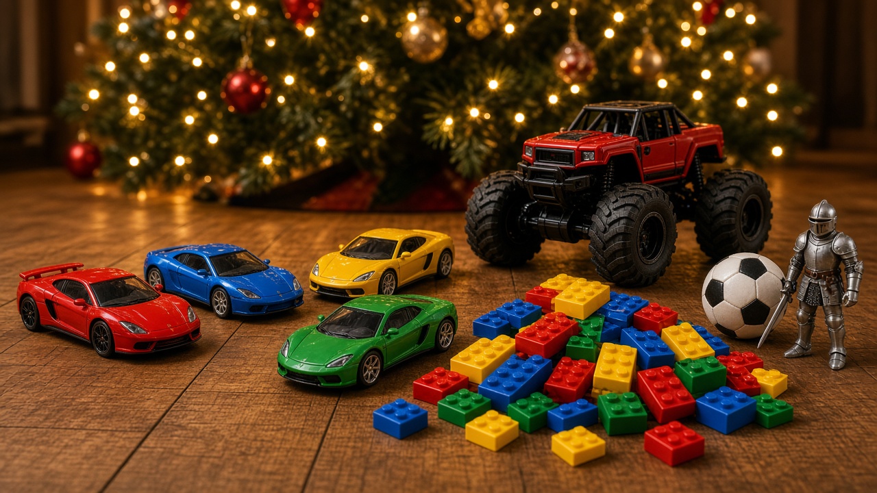 Boys' toys in front of a Christmas tree