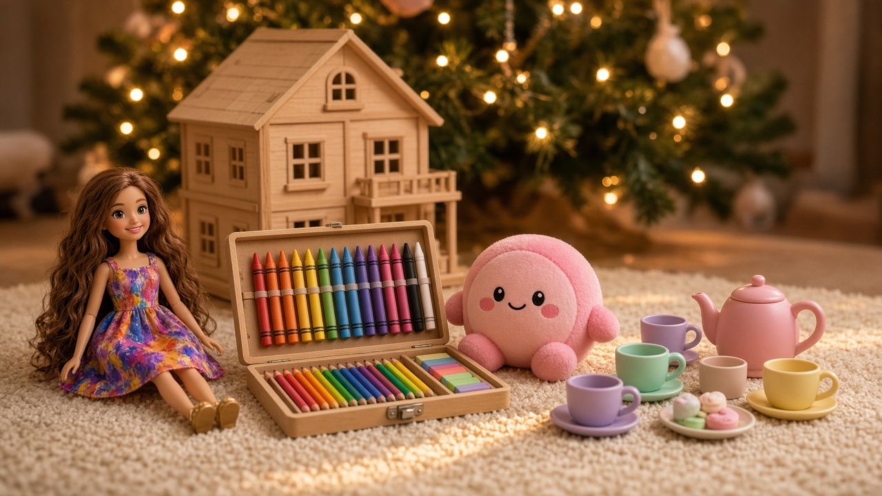 Girls' toys in front of a Christmas tree