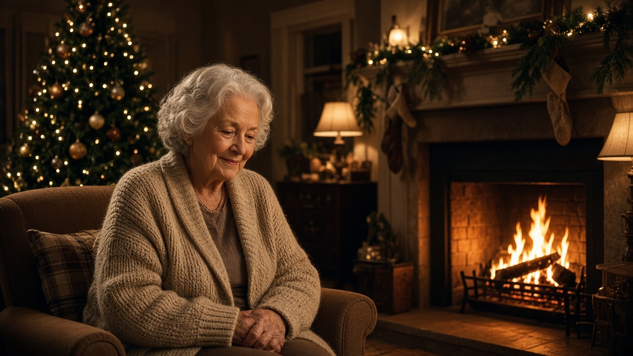 A grandparent in an armchair by a fireplace and Christmas tree