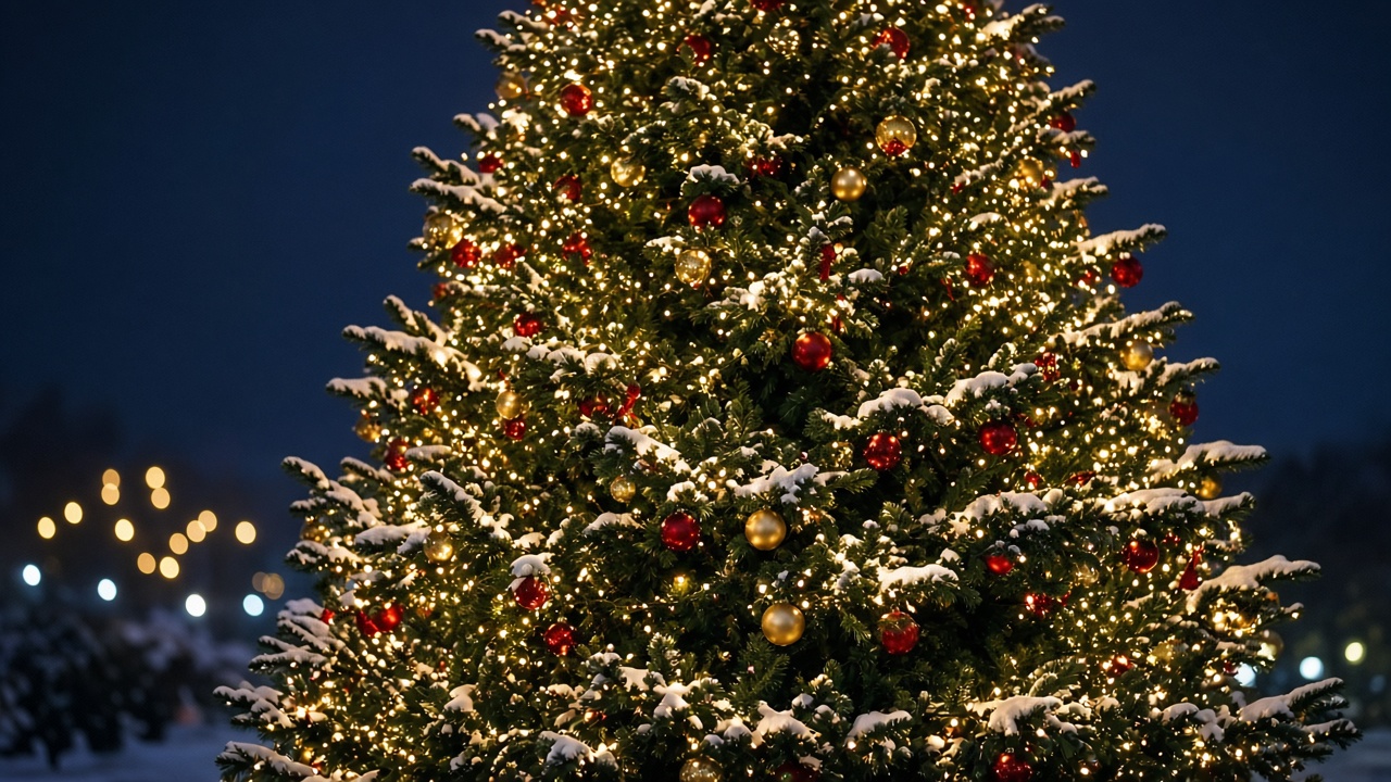 A tall Christmas tree covered in lights