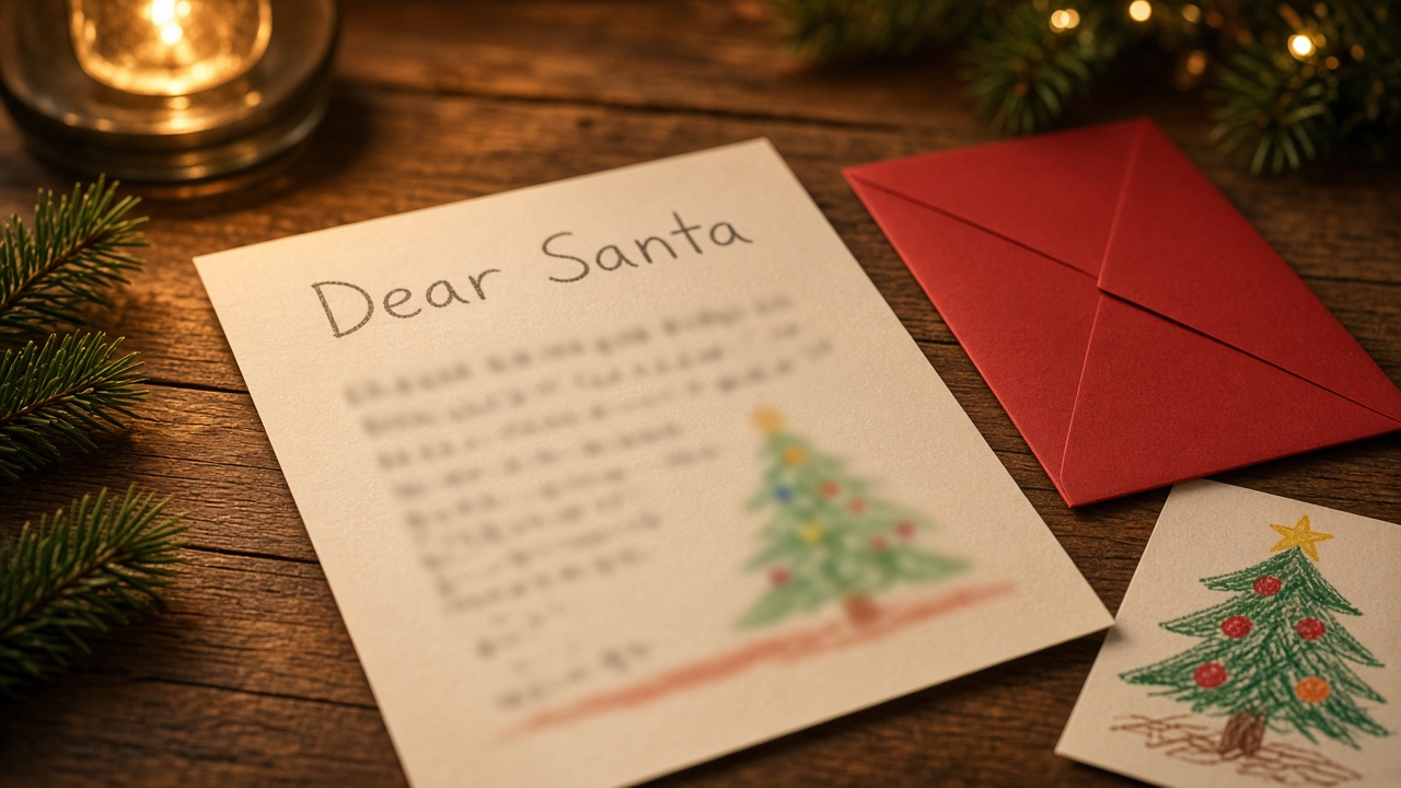 A handwritten letter to Santa beside a red envelope