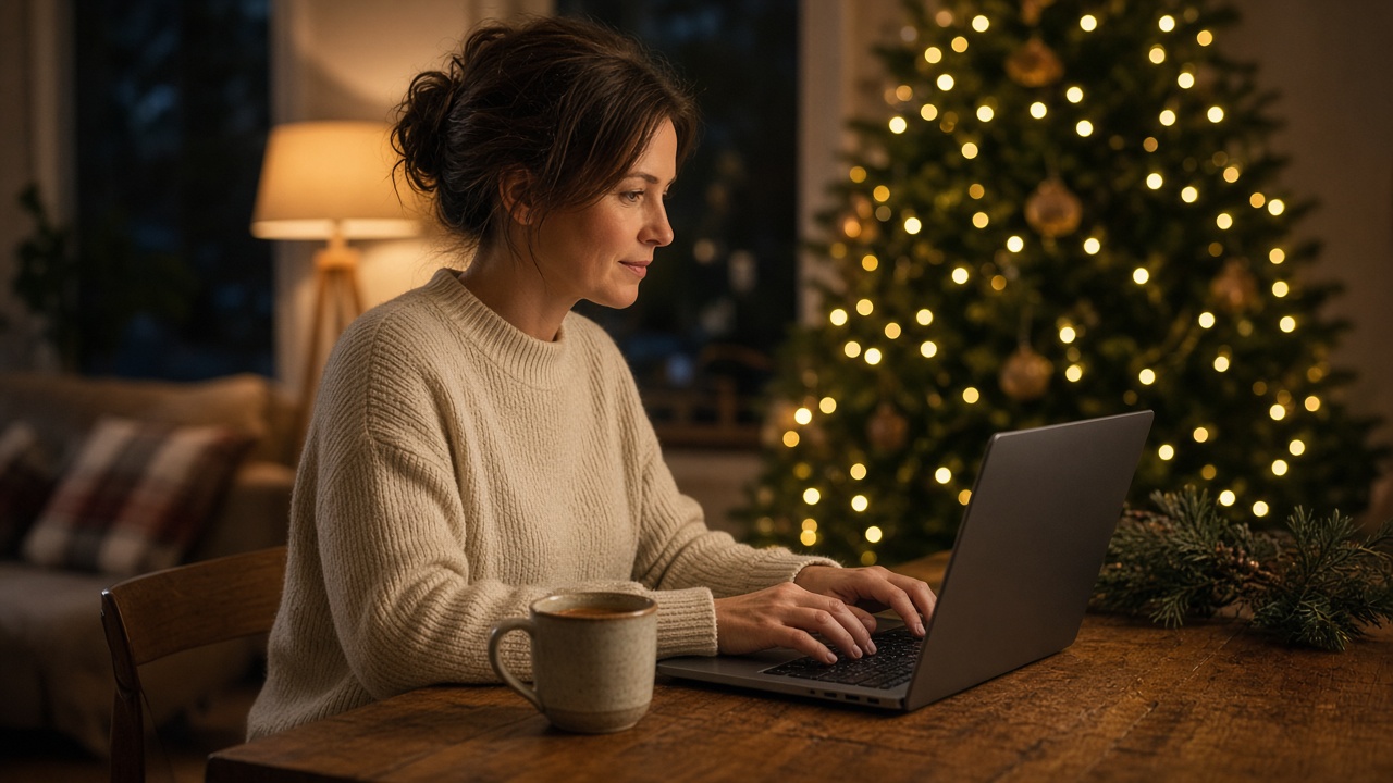 Parent on a laptop with a Christmas tree in the background